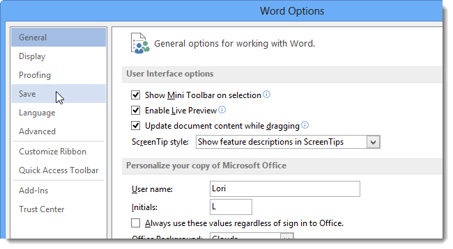 Come modificare gli intervalli di salvataggio automatico in MC Word 2013