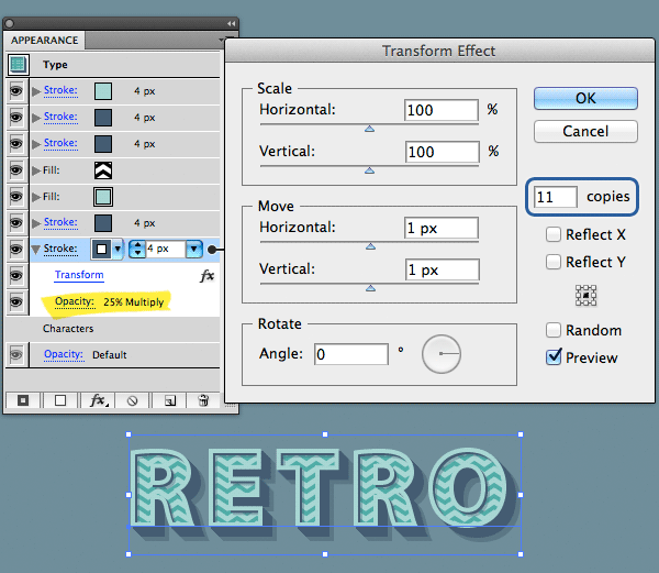 Come creare un effetto retro 3D usando il pannello Aspetto in Adobe Illustrator